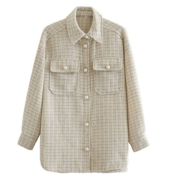 Beige button plaid pattern top.  - Picture 2 of 3